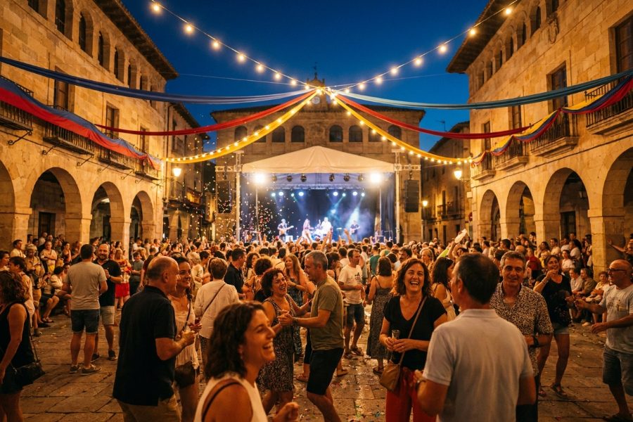 Plaza en fiestas de noche con luces, escenario y gente bailando durante las Fiestas de Astorga 2026