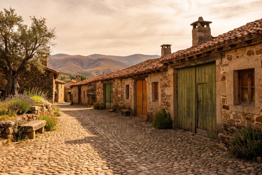 Calle empedrada de un pueblo maragato con casas de piedra y portalones de madera, León