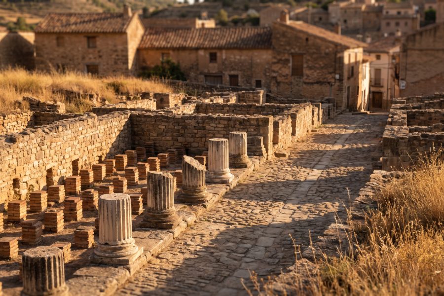 Restos romanos excavados en Astorga con muros de mampostería y pilas de hipocausto al atardecer