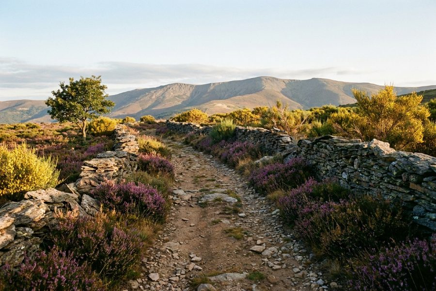 Sendero de montaña entre brezo en los Montes de León, cerca de Astorga