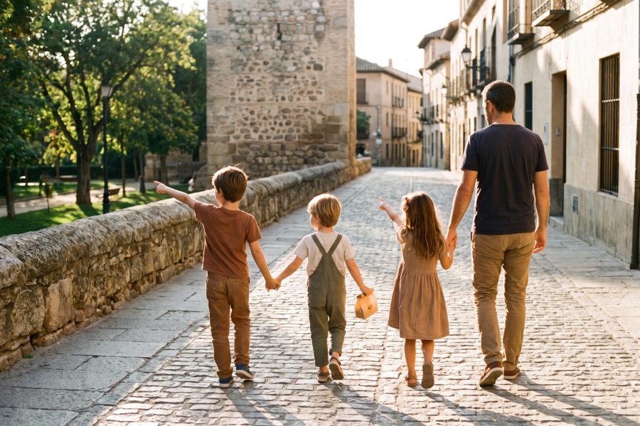 Familia con niños paseando por una calle empedrada de Astorga
