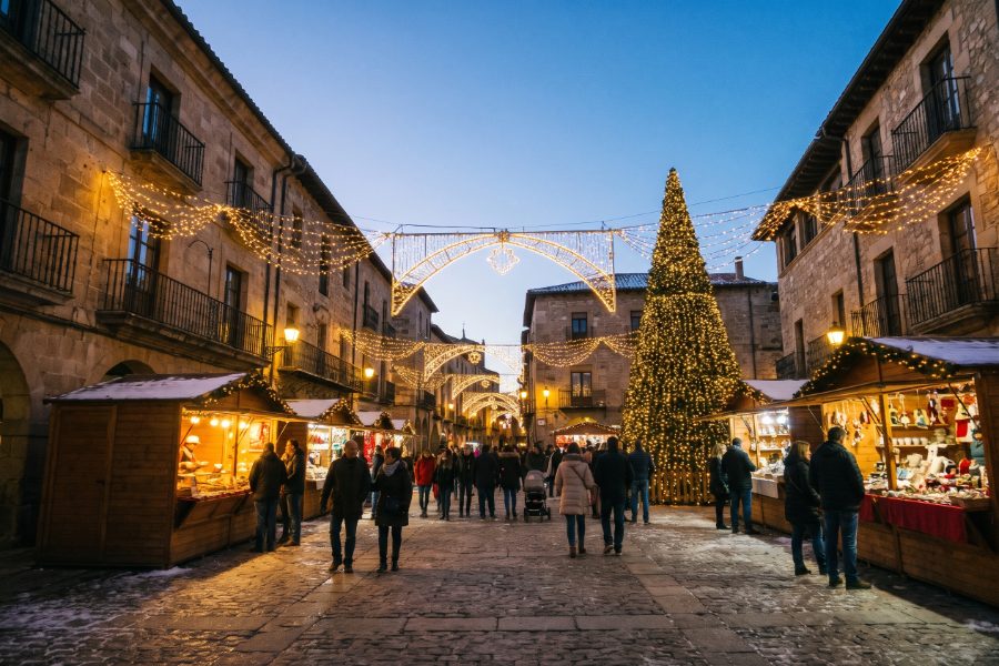 Plaza con luces y arcos de Navidad al anochecer en un pueblo con encanto