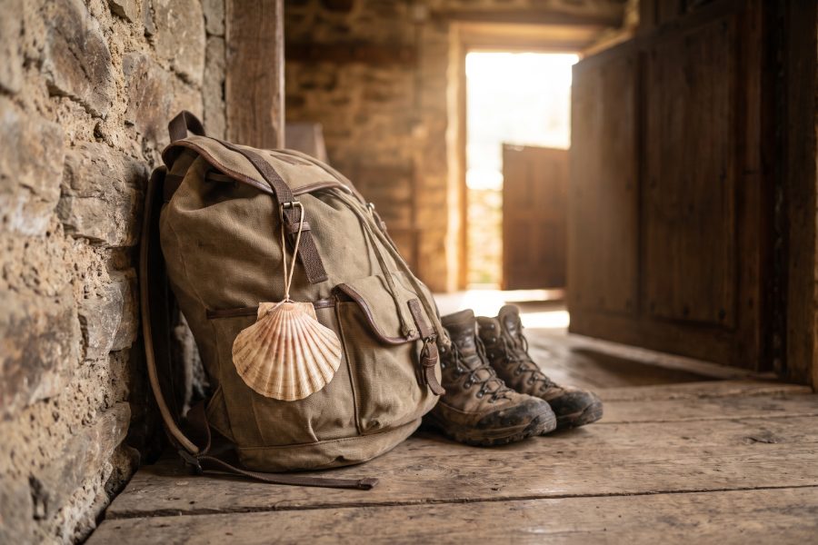 Mochila de peregrino con concha junto a las botas en la entrada de un alojamiento del Camino Francés